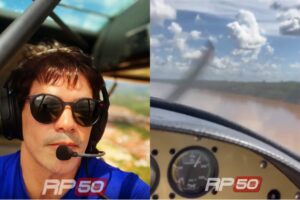 Médico Jacinto Lay pilotando aeronave